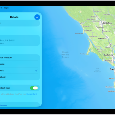 The Maps app showing the Details screen with options to set an address as home, work, or school.