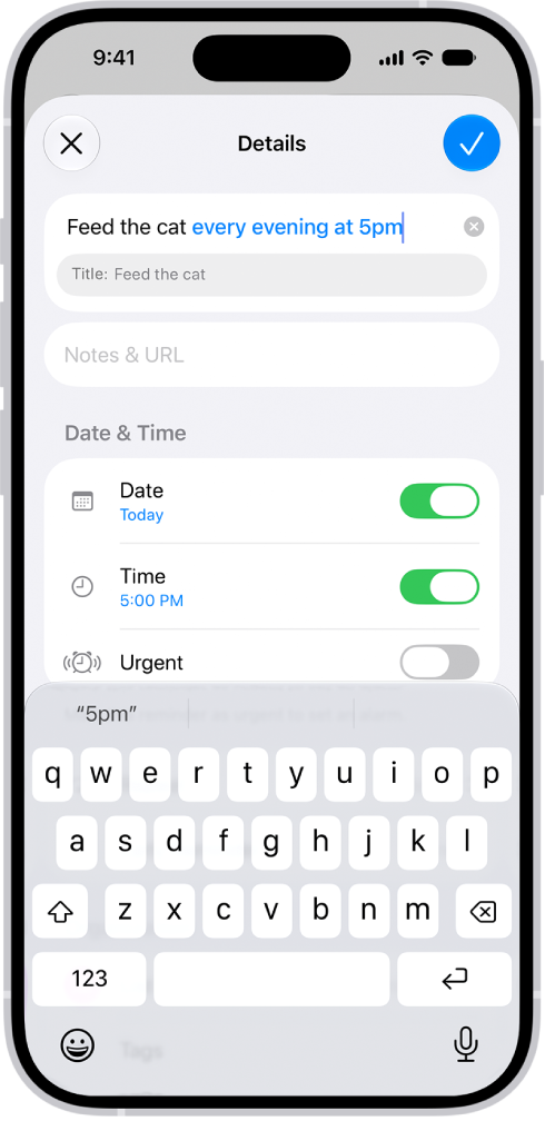 A new "Feed the cat every evening at 5pm" reminder is being created, with Apple Intelligence automatically setting it to appear daily at 5pm.