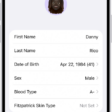 The Health Details screen, which includes fields for name, birth date, blood type, and other information.
