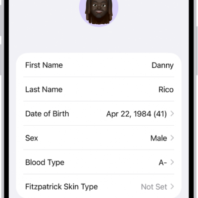 The Health Details screen, which includes fields for name, birth date, blood type, and other information.