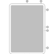 The front view of iPad Pro with callouts to a microphone at the top center, the top button and Touch ID at the top right, the volume buttons at the top right, the front camera and microphone at the center right, and a microphone near the bottom right.
