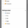 The Reminders app, showing a grocery list with items in categories such as Produce and Seafood.