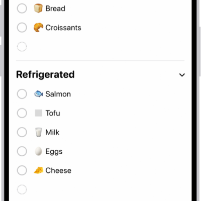 The Reminders app, showing a grocery list with items in categories such as Produce and Seafood.