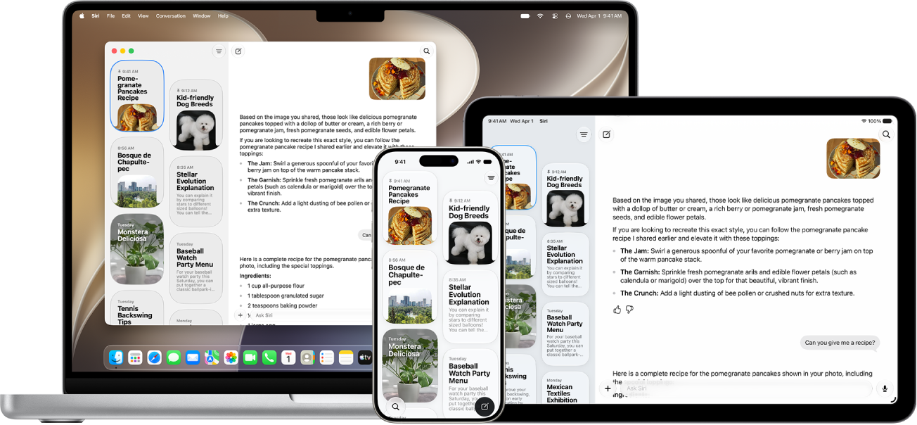 The Siri app on iPhone, iPad, and Mac showing conversations.