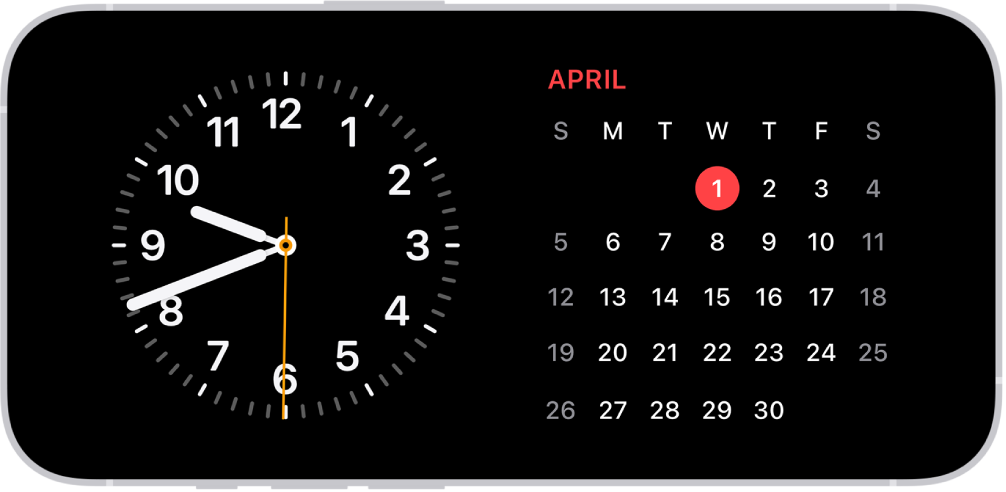 iPhone in Standby mode in low ambient light, displaying Clock and Calendar widgets.