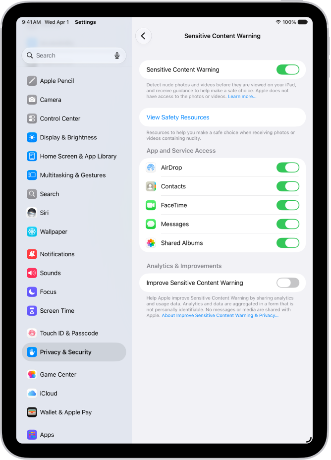The settings for Sensitive Content Warning, with a button labeled View Safety Resources and a button labeled Improve Sensitive Content Warning for sharing analytics and usage data with Apple.