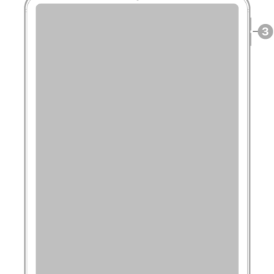 The front view of iPad Air with callouts to the front camera at the top center, the top button and Touch ID at the top right, and the volume buttons on the right.