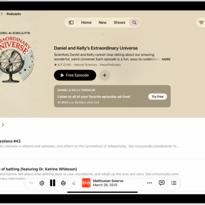 A show page in the Podcasts app showing two episodes with summaries of each and the MiniPlayer at the bottom.