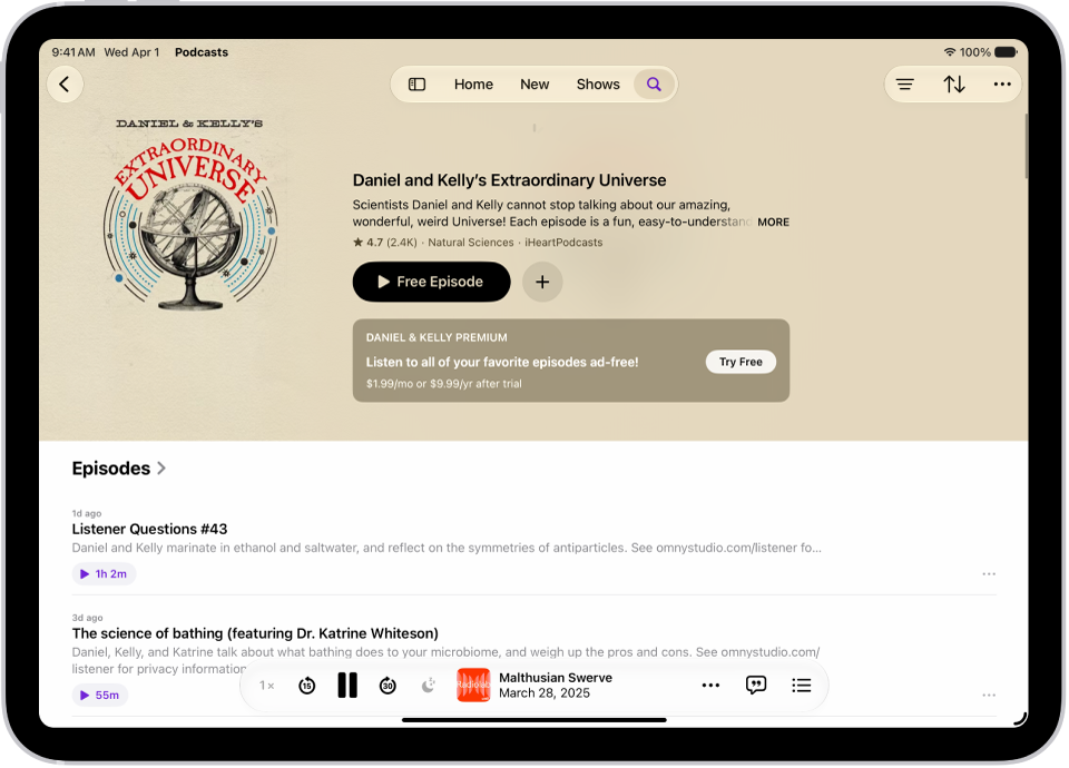 A show page in the Podcasts app showing two episodes with summaries of each and the MiniPlayer at the bottom.