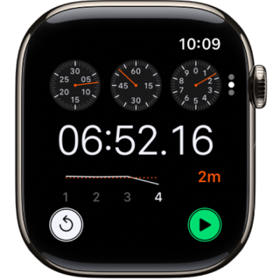 Three kinds of stopwatches in the Stopwatch app: An analog stopwatch, a hybrid stopwatch that shows time in both analog and digital forms, and a digital stopwatch with a lap counter. Each watch has start and reset buttons.