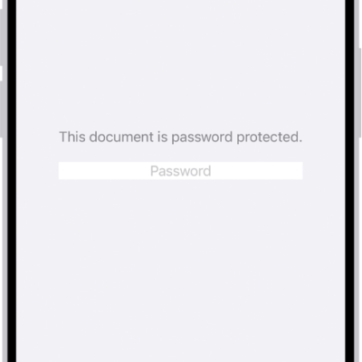 A locked PDF form showing a password field. At the bottom of the screen are the Markup, Info, and Share buttons.