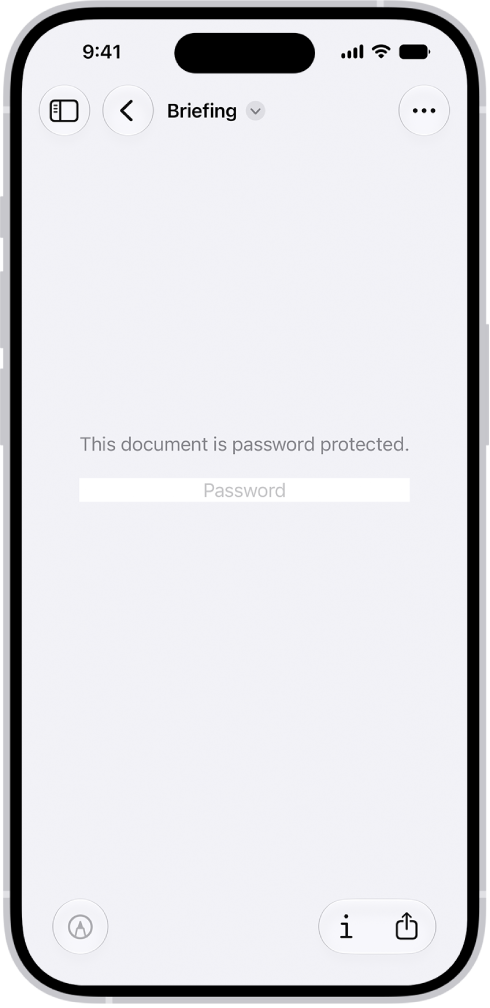 A locked PDF form showing a password field. At the bottom of the screen are the Markup, Info, and Share buttons.