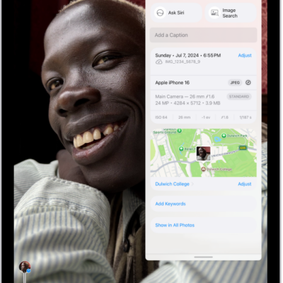 A photo is open in the Photos app. Metadata information appears over the photo including, from top to bottom, the date and time the photo was taken, the filename, the iPhone model and camera settings, and a map of the location where the photo was taken.