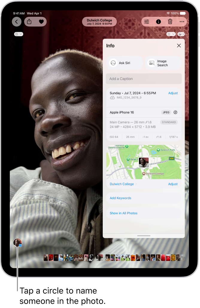 A photo is open in the Photos app. Metadata information appears over the photo including, from top to bottom, the date and time the photo was taken, the filename, the iPhone model and camera settings, and a map of the location where the photo was taken.