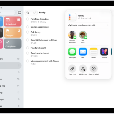 The Reminders app, showing a grocery list with options for sharing on the right.