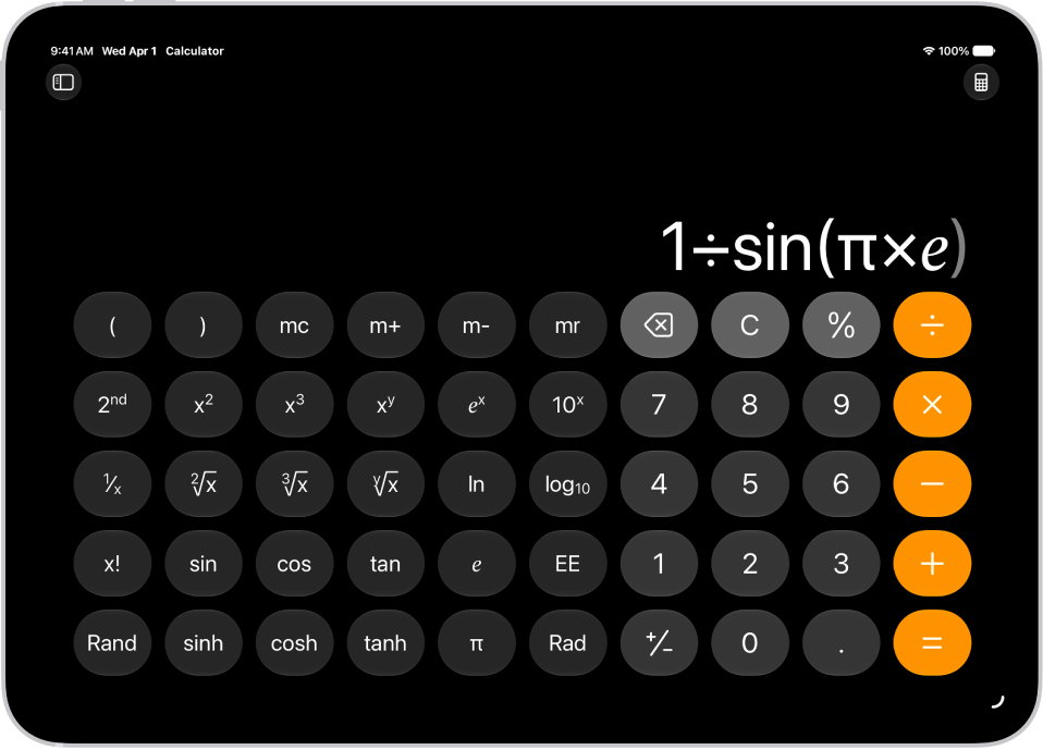 iPad showing the scientific calculator with memory, exponential, logarithmic, and trigonometric functions.