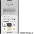 A page of a book in the Books app. The Themes & Settings options show controls for font size, scrolling view, page turn style, brightness, and font styles.