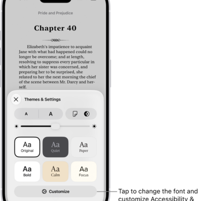 A page of a book in the Books app. The Themes & Settings options show controls for font size, scrolling view, page turn style, brightness, and font styles.