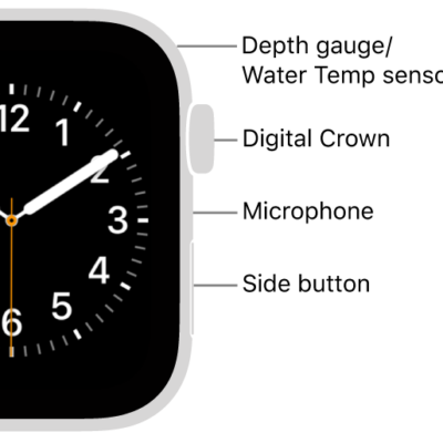 The front of Apple Watch SE 3, with the display showing the watch face, and the Digital Crown, microphone, and side button from top to bottom on the side of the watch.