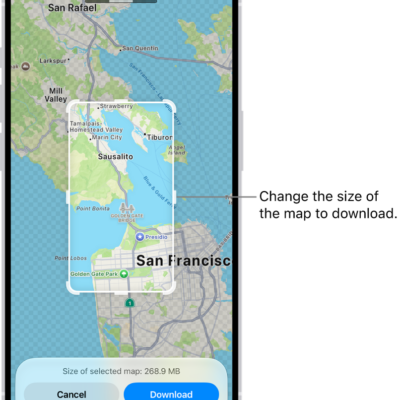 A map of a national park. The park is framed by a rectangle with handles, which can be moved to change the size of the map to download. The selected map's download size is indicated near the bottom of the map. The Cancel and Download buttons are at the bottom of the screen.