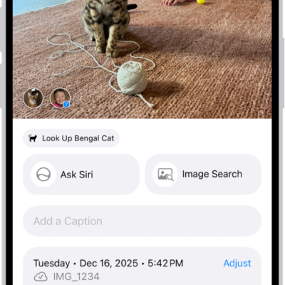 A photo is open in the Photos app. The bottom half of the screen shows photo information including, the date and time the photo was taken, the filename, and the iPhone model and camera settings.