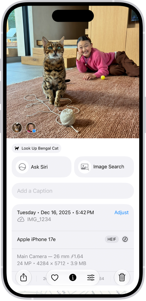 A photo is open in the Photos app. The bottom half of the screen shows photo information including, the date and time the photo was taken, the filename, and the iPhone model and camera settings.
