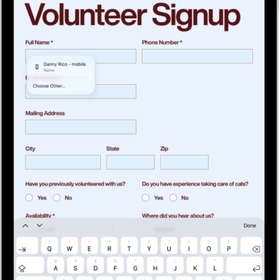 A screen showing a PDF form in the Preview app with fillable fields highlighted. At the bottom of the screen are the Add Annotation, Markup, AutoFill, Crop, Info, Share, and Search buttons. The AutoFill button is selected.