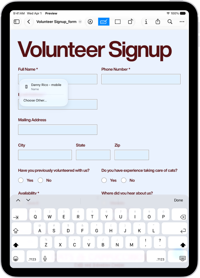 A screen showing a PDF form with fillable fields highlighted. At the bottom of the screen are the Add Annotation, Markup, AutoFill, Crop, Info, Share, and Search buttons. The AutoFill button is selected.