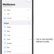 The Mailboxes screen. Below iCloud, mailboxes are listed from top to bottom, including the Trash mailbox. Tap it to see recently deleted messages.