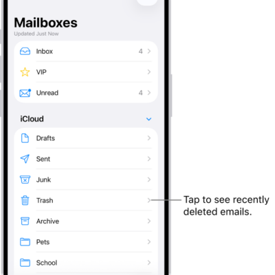 The Mailboxes screen. Below iCloud, mailboxes are listed from top to bottom, including the Trash mailbox. Tap it to see recently deleted messages.
