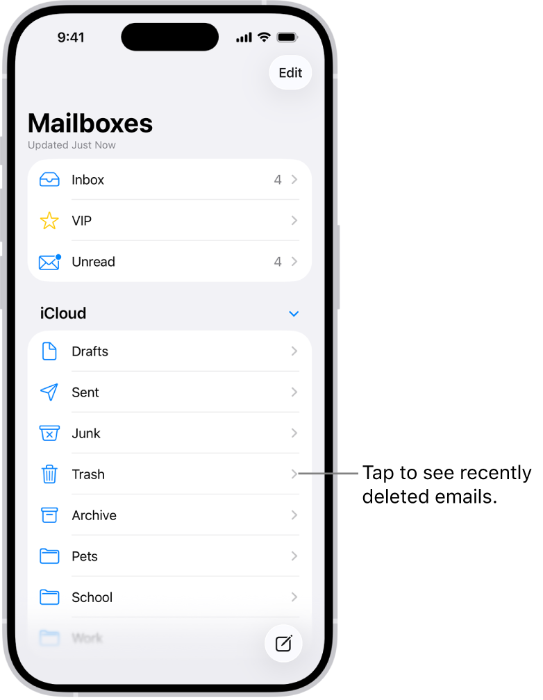 The Mailboxes screen. Below iCloud, mailboxes are listed from top to bottom, including the Trash mailbox. Tap it to see recently deleted messages.