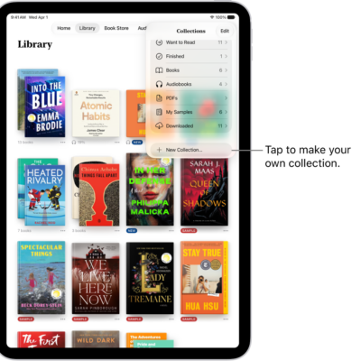 The Library screen in the Books app. At the top of the screen the Collections menu is open and shows options such as Audiobooks and PDFs.
