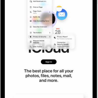 The Page Menu is open in Safari, and the Connection Security Details control is midway down the page.