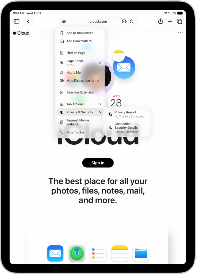 The Page Menu is open in Safari, and the Connection Security Details control is midway down the page.