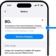 The charging information card in iPhone Battery settings. The card shows the battery at 80% with the message “Charging on Hold: Optimized Battery Charging.” It is scheduled to finish by 12:41 PM, with an option to “Resume Charging.”
