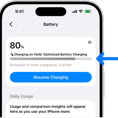 The charging information card in iPhone Battery settings. The card shows the battery at 80% with the message “Charging on Hold: Optimized Battery Charging.” It is scheduled to finish by 12:41 PM, with an option to “Resume Charging.”