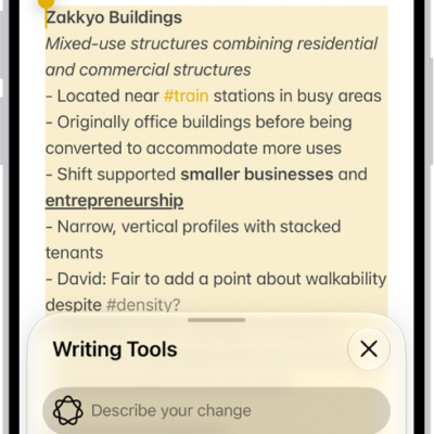 An iPhone showing a story being written in the Notes app. At the bottom of the screen is the Compose with Writing Tools dialog that includes options to refine with ChatGPT, rewrite, choose ChatGPT suggestions, and more.