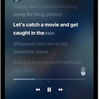 The Now Playing screen showing the Apple Music Sing slider to the right of the lyrics. The currently playing lyrics are highlighted.