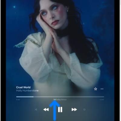 The Now Playing screen showing the Dolby Atmos icon for the track that's playing.