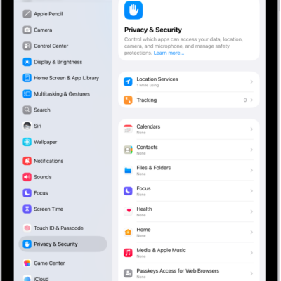 Location Services settings in Privacy & Security settings, with options for sharing the location of your iPad, including custom settings for individual apps.