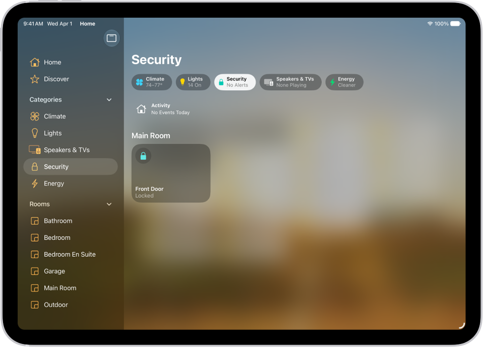 The Home app with the sidebar on the left. Security is highlighted. On the right, the Security category button is highlighted. Below are security accessories such as locks and garage doors.