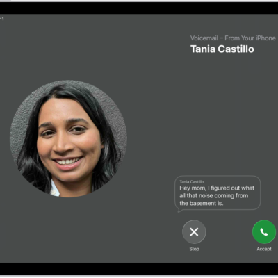 A call screen showing a Live Voicemail from a contact. Below the transcribed text are Stop and Accept buttons for the call.