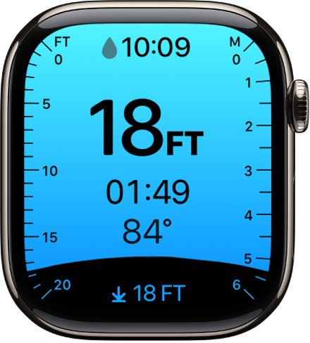 On an Apple Watch Series model, the Depth app showing the current depth, time underwater, water temperature, and the maximum depth of the dive. Markers along the left side indicate the depth in feet from 0 to 20. Markers along the right side indicate the depth in meters from 0 to 6.