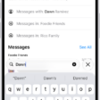 The search field in the Messages app appears at the bottom of the screen. The search field contains the name of a person, and several options matching the search appear above it.