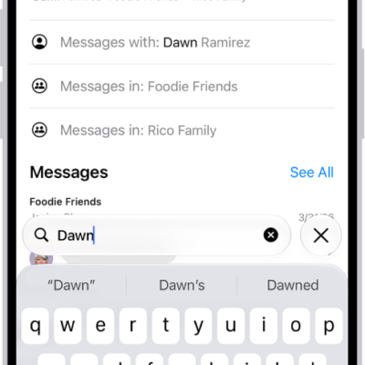 The search field in the Messages app appears at the bottom of the screen. The search field contains the name of a person, and several options matching the search appear above it.