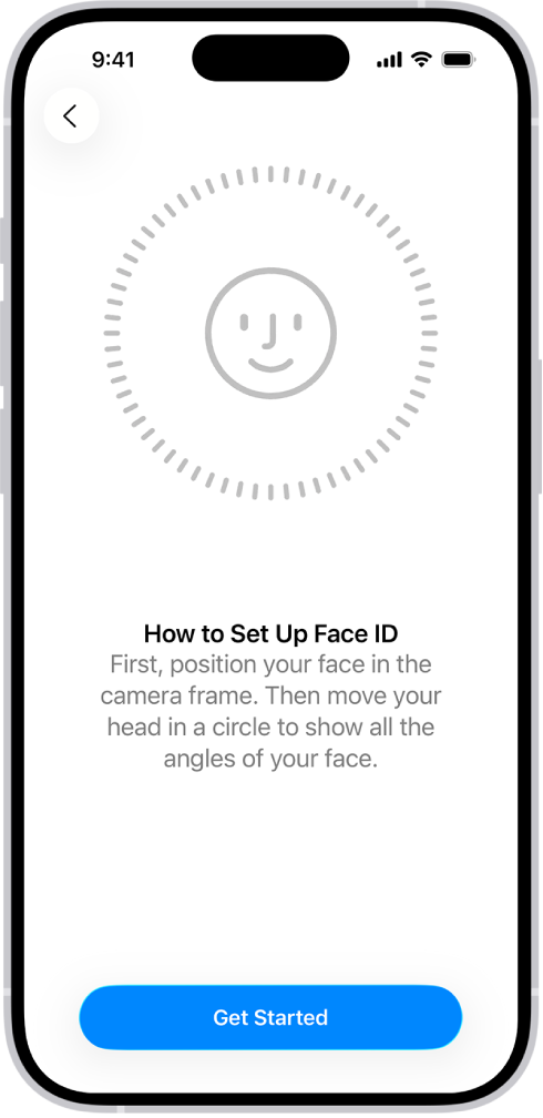 The Face ID recognition setup screen. A smiley face is showing on the screen, enclosed in a circle. Text below instructs the user to move their head slowly to complete the circle. A button for Get Started appears near the bottom of the screen.