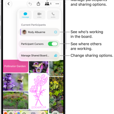 A shared Freeform board on iPhone with the collaboration menu open.