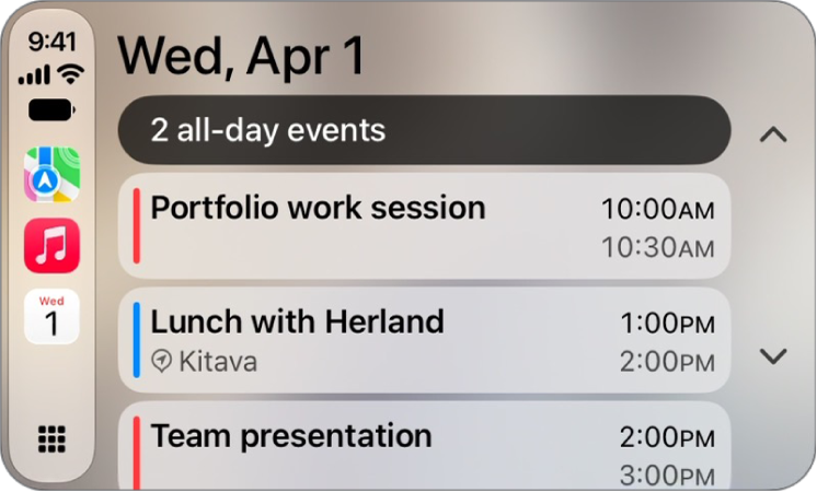 CarPlay showing Maps, Music, and Calendar in the Sidebar. To the right are events for the current day.