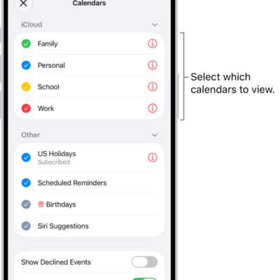 The Calendars list, with checkmarks indicating which calendars are active. The Done button for closing the list is in the top-right corner.