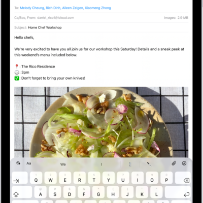 An email draft is open in the Mail app. The button to send the message is in the top-right corner. Tap to send the message, or touch and hold to schedule a time to send it later.